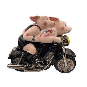 Vintage Hand Painted Biker Hogs Cookie Jar Ceramic Pigs on Motorcycle Clay Art
